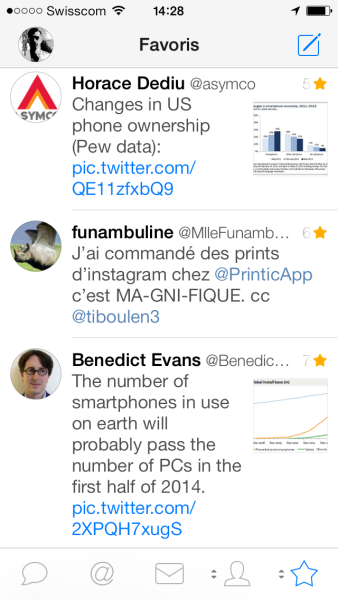 La vue des favoris de Tweetbot pour iPhone
