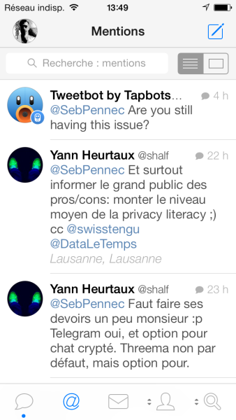 La vue des mentions de Tweetbot pour iPhone